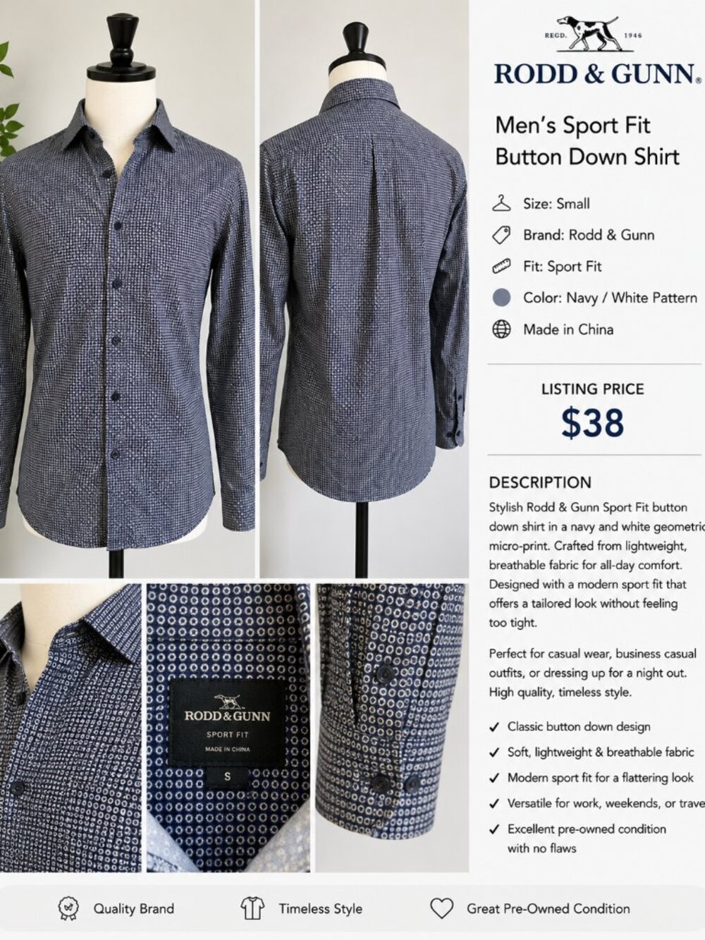 Rodd & Gunn Men’s Sport Fit Navy Geometric Button Down Shirt Size Small